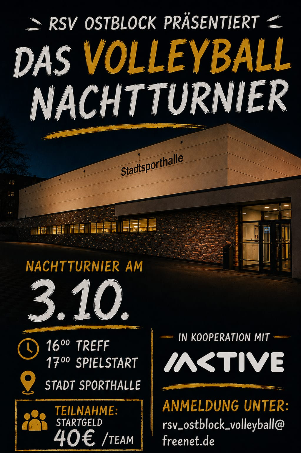 Flyer: Roßweiner Volleyballnacht am 03.10. – Das Volleyball-Nachtturnier, 16 Uhr Treff, 17 Uhr Spielstart, Stadtsporthalle. In Kooperation mit Active.